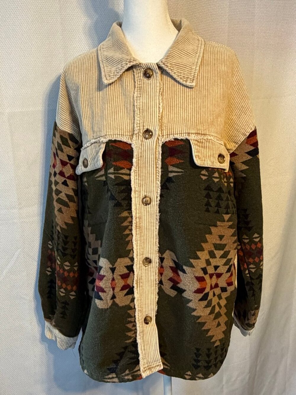 Mazik Aztec Geo Print Patchwork Courduroy Shacket